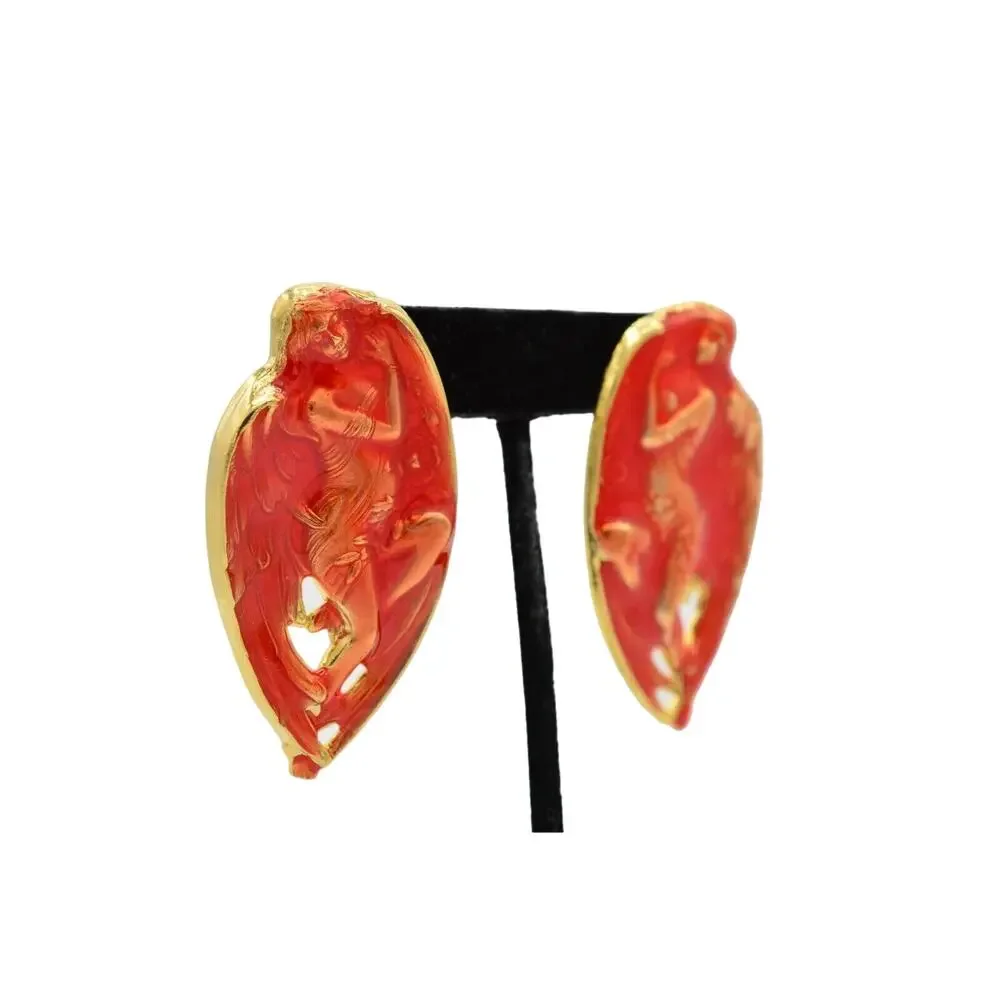 Vintage Abstract Artistic Angel Earrings Red Gold Enamel Metal Chunky NOS 80s 9L